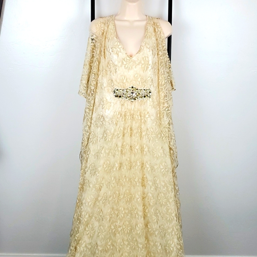 Badgley Mischka Long Tunic Dress Cream Metallic Floral Beaded Size L